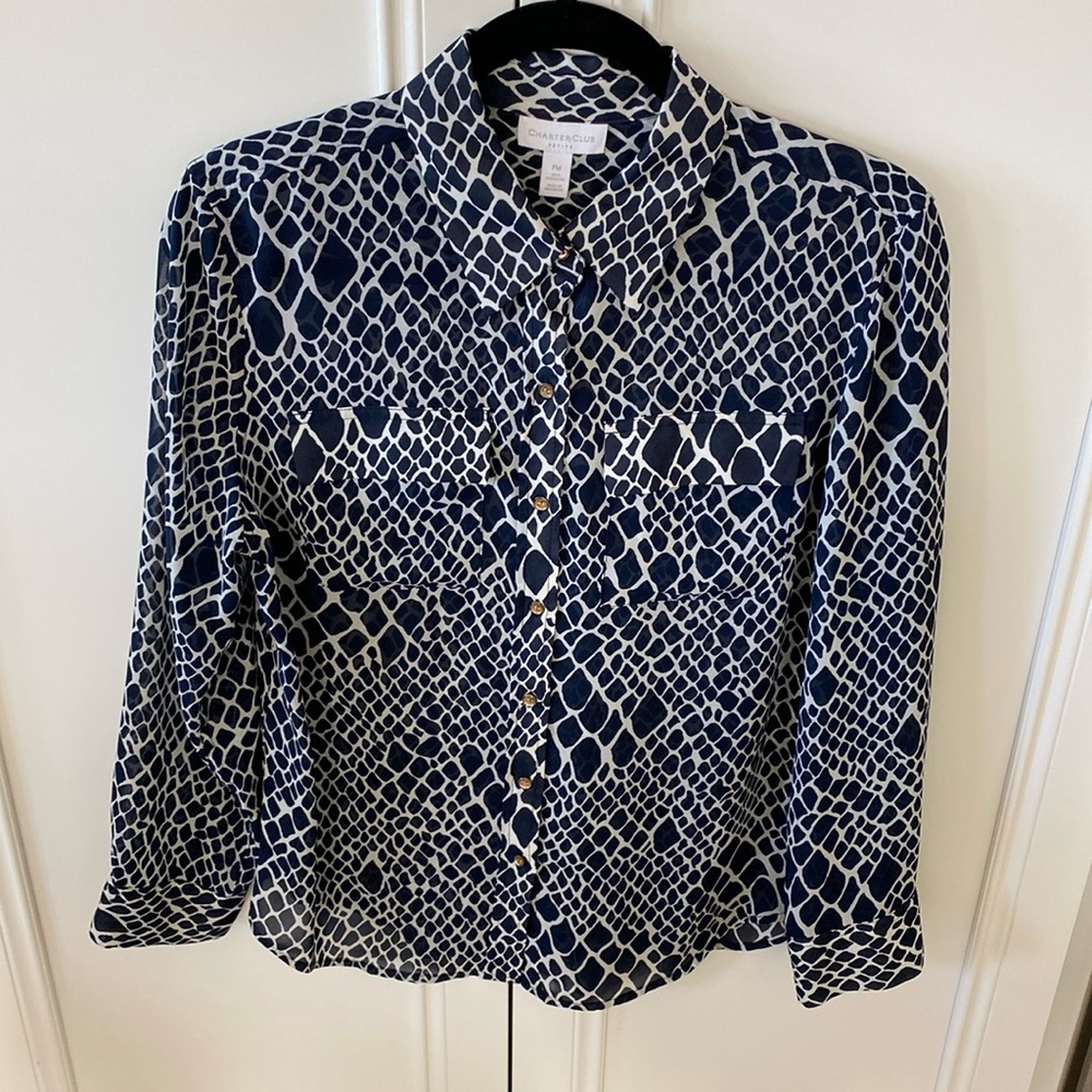 Charter Club Georgette  type animal print button blouse size PM